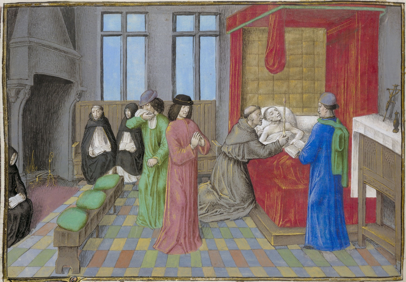 Deathbed scene with monks reading beside fireplace, one man covering face and another praying whilst a priest takes confession from the dying man in bed.