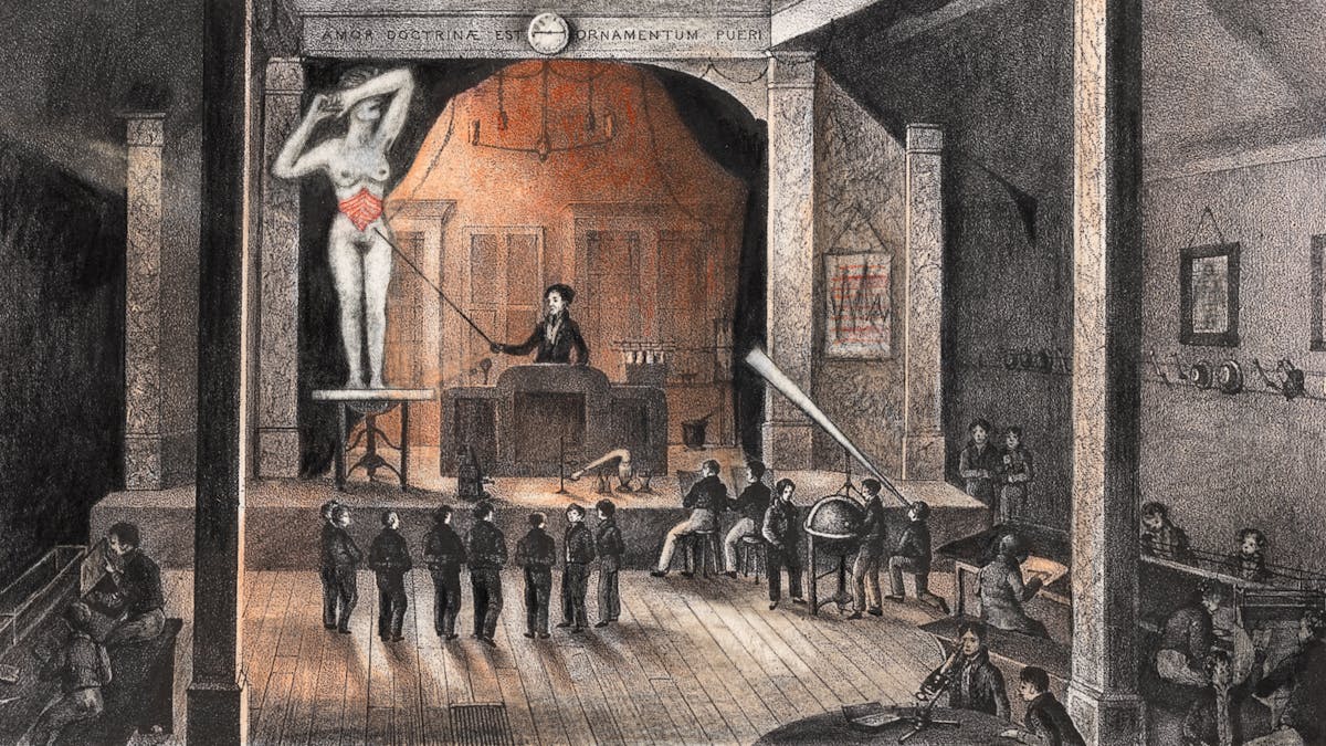 Pencil artwork drawn over a lithograph depicting a large hall with stage. On the stage is a person standing at a lectern using a stick to point at a large (in scale) unclothed woman standing on a table with her arm covering her face. The woman belly has been depicted as red. At the foot of the stage is a crowd of men listening to the presentation. There are more figures working at various desks around the large hall, including one man using a microscope, another looking through a large telescope, and two others a standing over a large globe. Above the stage there is a clock that reads the time 14.45, and latin text that reads 'AMOR DOCTRINE EST ORNAMENTUM PUERI'. The whole scene is black and white with exception of the light being emitted from behind the stage, and the belly of the woman which are shades of orange and red.