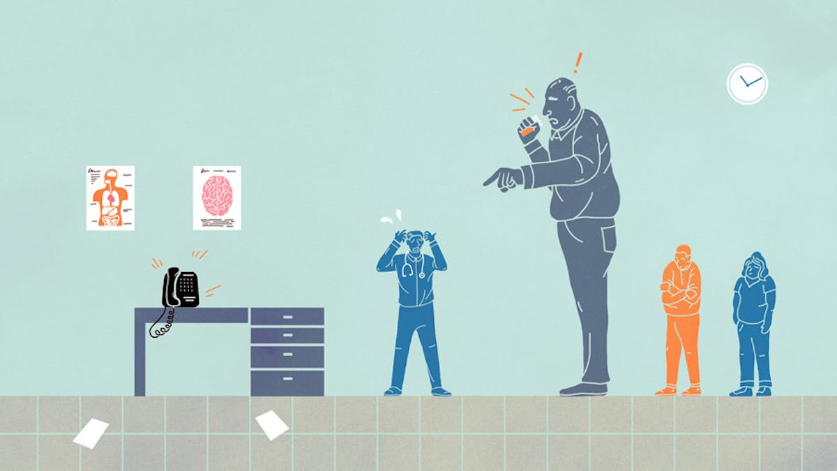 Illustration of a GP's office with a large and demanding patient