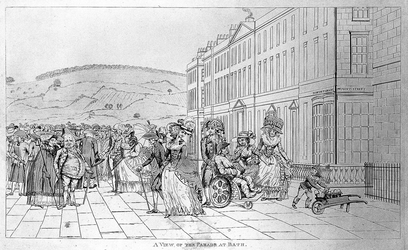 People are depicted strolling along the parade in Bath, wearing fine dress. The image is accompanied by the following caption: 'A View of the Parade at Bath'.