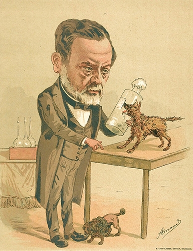 Louis Pasteur holding a chemical bottle in front of a miniature dog with rabies, while another dog stands at his feet.
