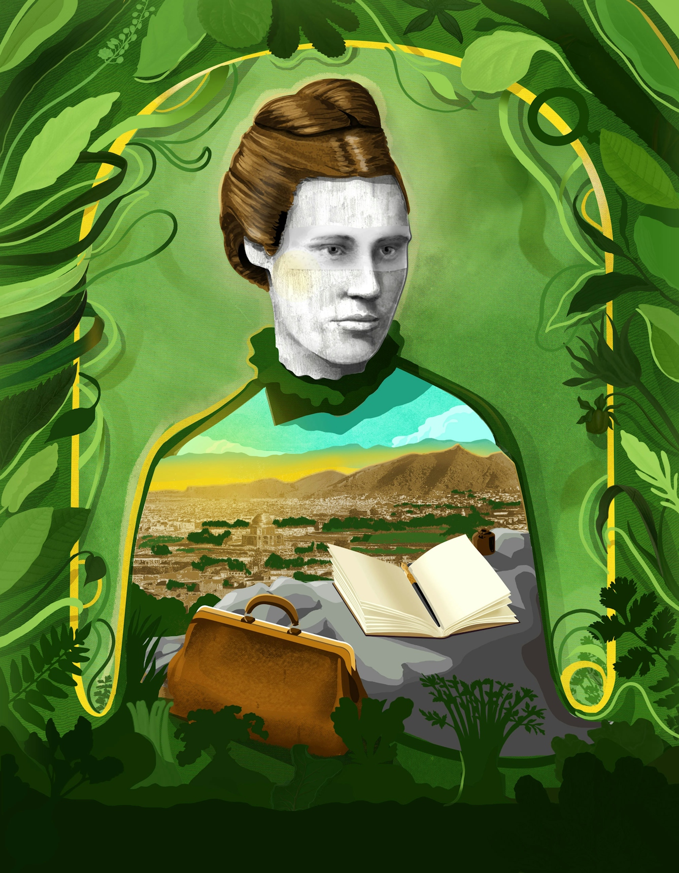 Illustration of Lillias Hamilton surrounded by greenery. In the space of her torso is one of her photographs taken in Afghanistan, and in front of her is a doctors bag and notebook.
