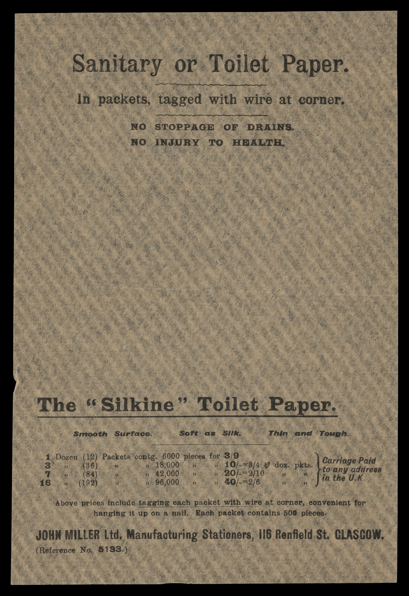 Photograph of a toilet paper sample sheet, bearing the title "Sanitary or Toilet Paper".