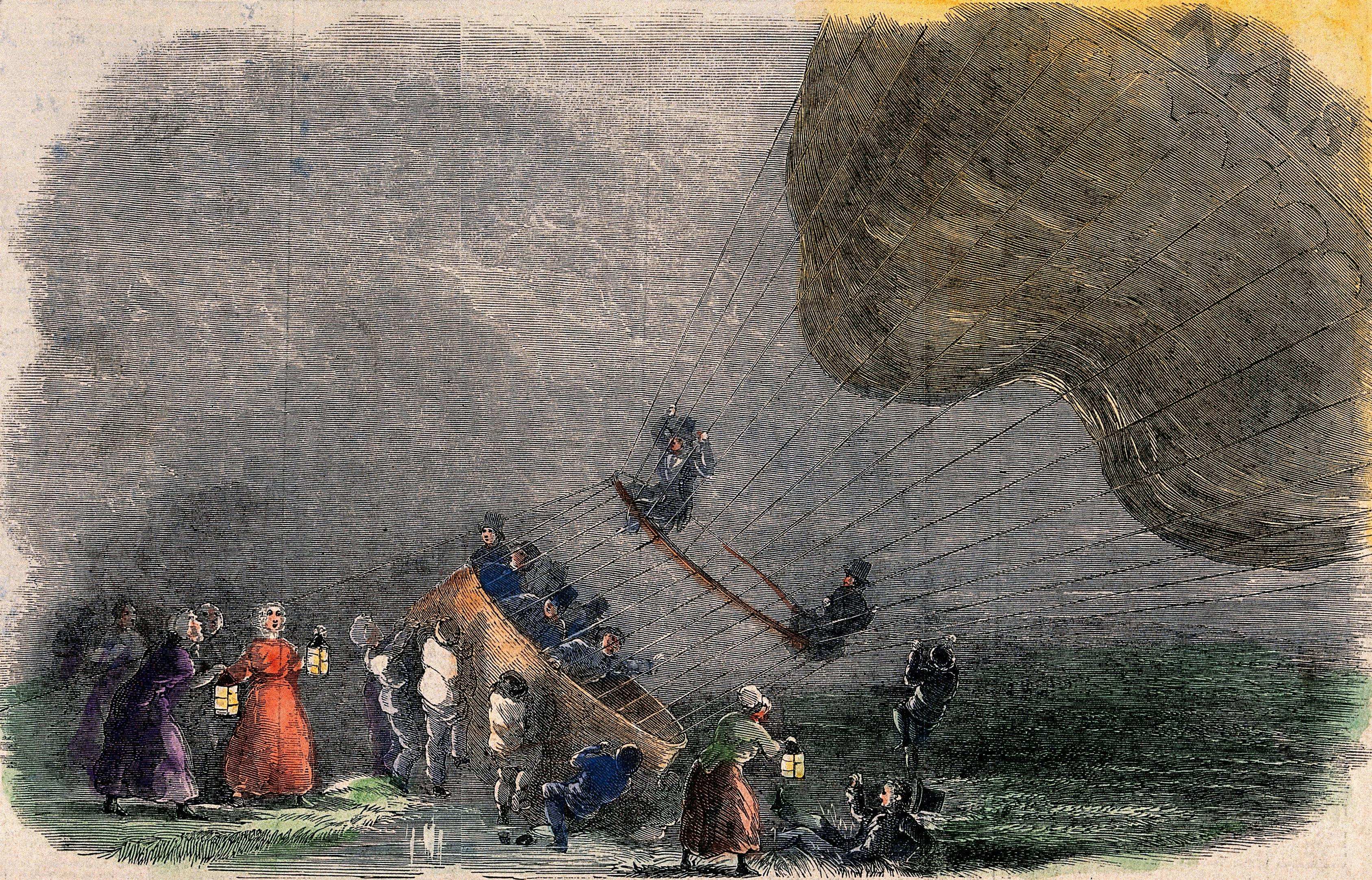 A hot-air balloon has landed in stormy weather, a crowd of people have brought lamps and are helping the aeronauts.