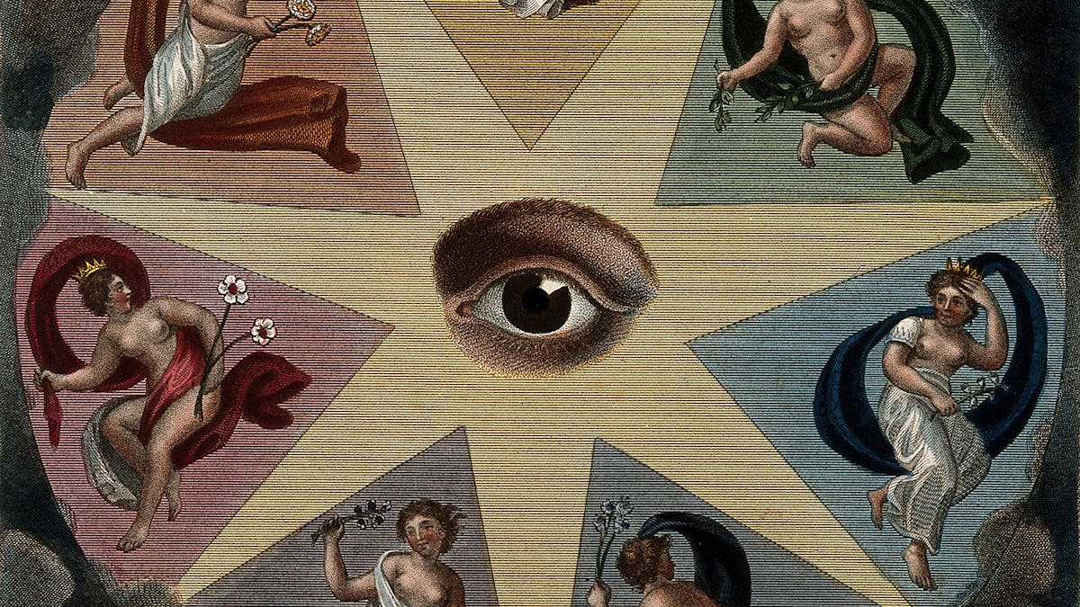 An eye in a star, the spokes of which divide the spectrum of colours; putti hold crystals, a telescope, lens-grinding equipment and a camera obscura; representing optics. Engraving by J. Chapman, 1820, after A.D. McQuin.