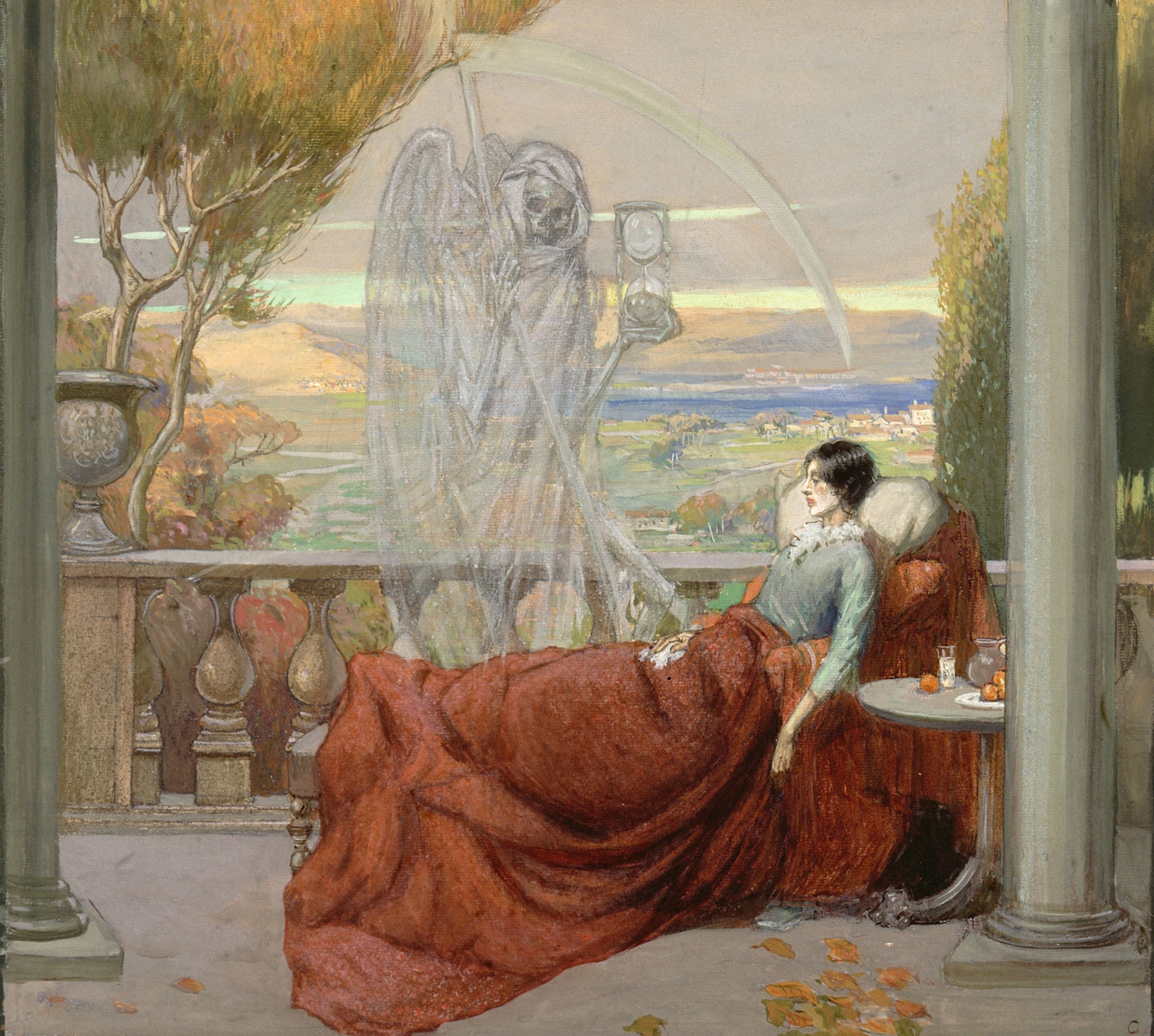 Colour painting of a very pale woman reclining on a balcony with death hovering over her - Death is represented as a ghostly skeleton holding an egg timer and a scythe.