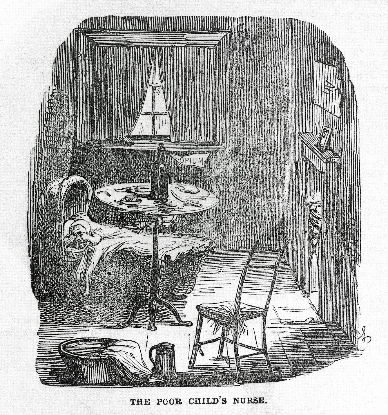 Print of a crying baby in a cot with a bottle of opium on the table
