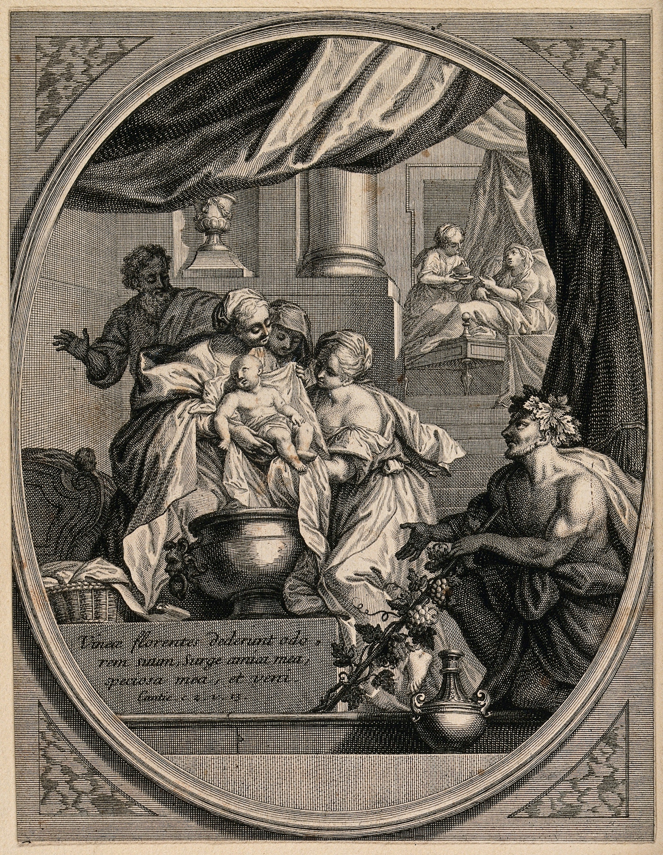 Etching depicting the newly-born Virgin Mary being washed by maids, as Bacchus waits by the bath. The lettering reads: Vineae florentes dederunt odorem suum, surge amica mea, speciosa mea, et veni. Cantic. c. 2 v. 13.