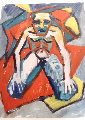 A brightly coloured painting of a kneeling man with an angular face and a stylised ribcage on his chest.