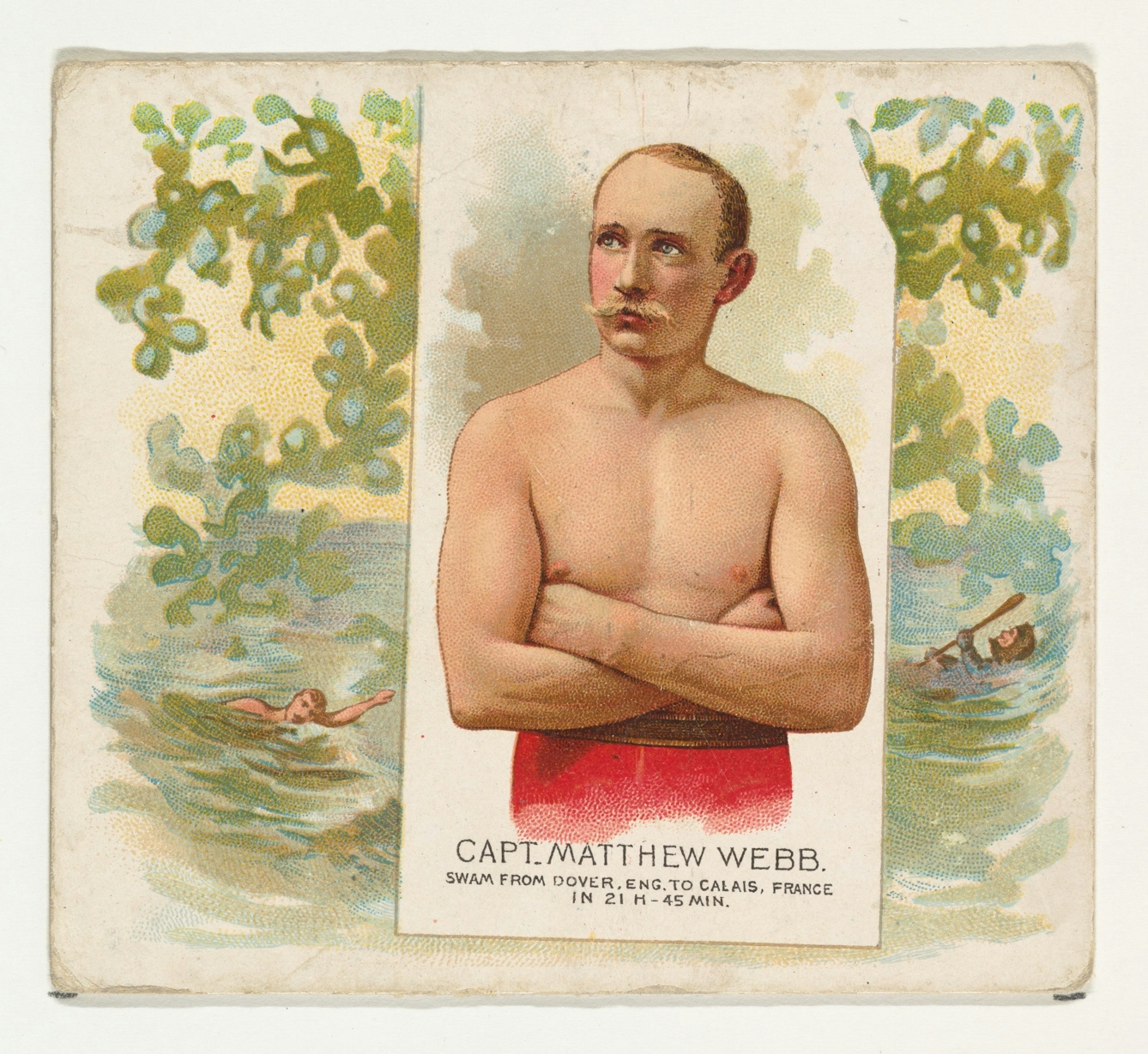 Colour print of Captain Matthew Web - shown with arms crossed across his bare chest in the foreground, and behind swimming.
