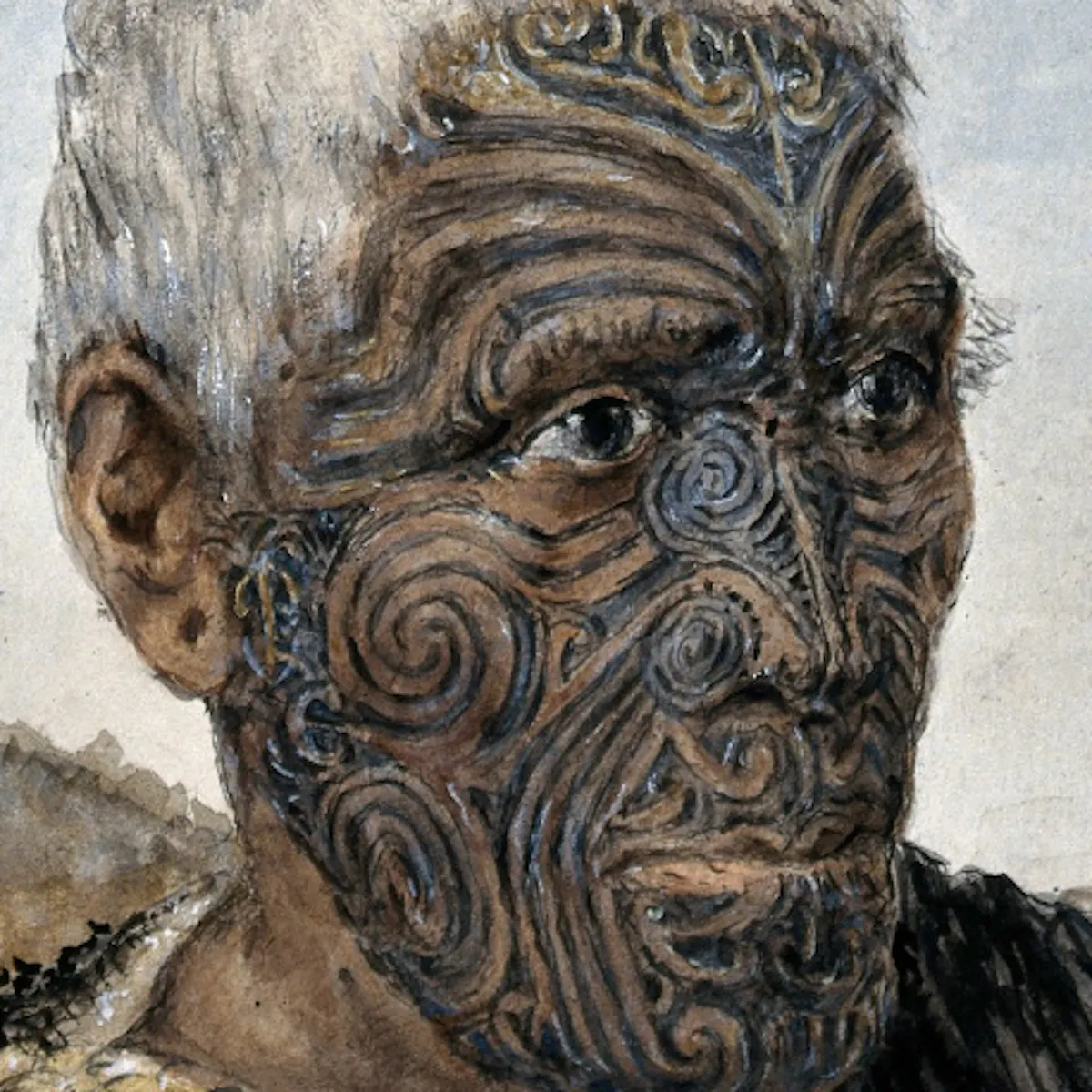 Image of man with white hair and facial tattoos