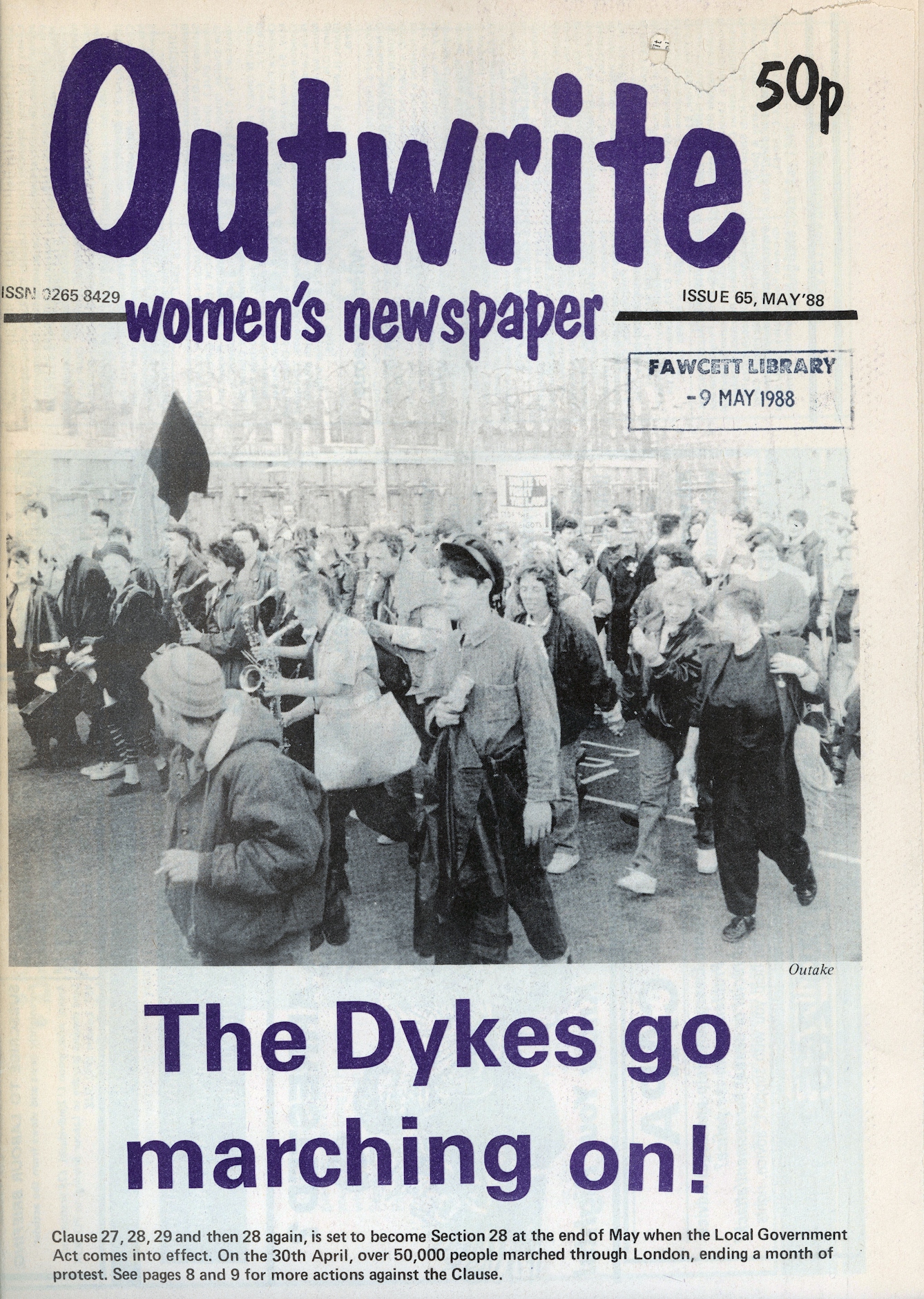 Cover of Outwrite Women's Newspaper, showing protesters with the title "The Dykes go marching on!"