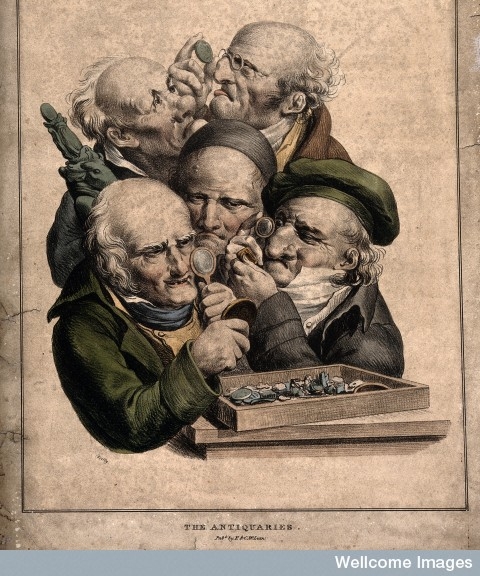 Lithograph of five men looking through magnifying glasses