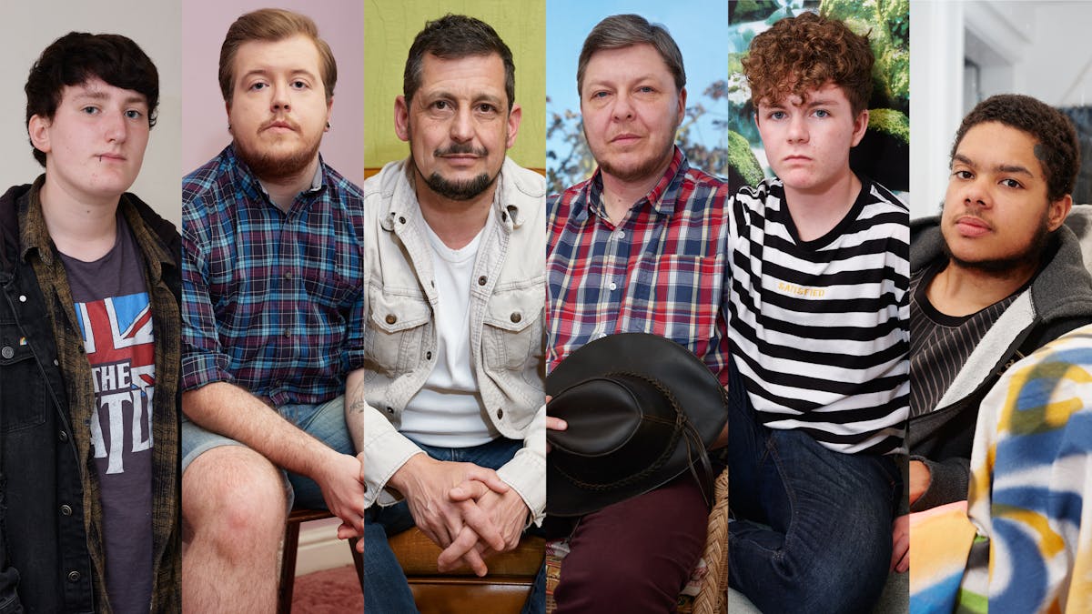 Photograph divided into six vertical strips. Each strip shows and head and upper body of a different individual.