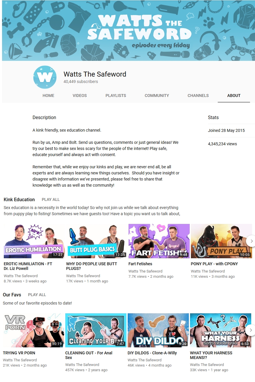 Screengrab of a YouTube channel called Watts the Safeword, showing a description that reads "a kink friendly sex education channel." and with videos on the topics erotic humiliation, butt plugs, fart fetishes, pony play and cleaning your butt.
