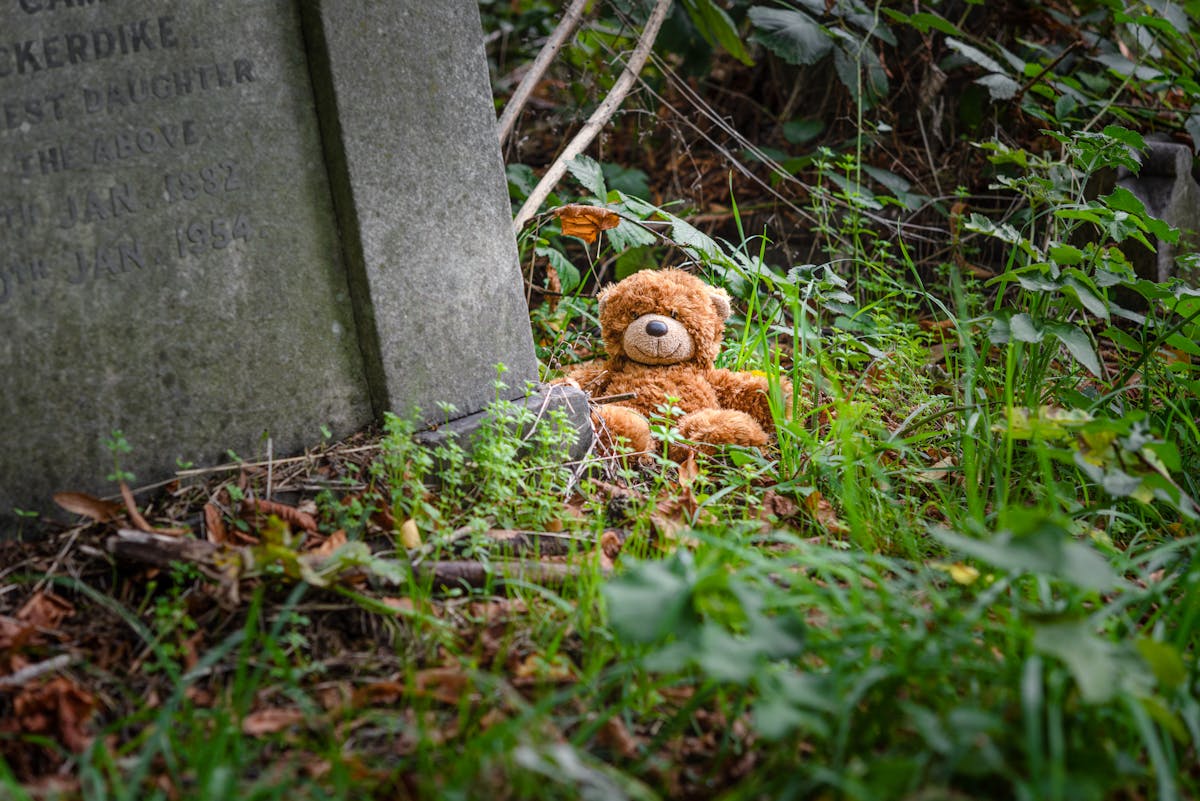 Photograph of small teddy bear sitting within the surroundings of a cemetery, with grave stones and ivy.