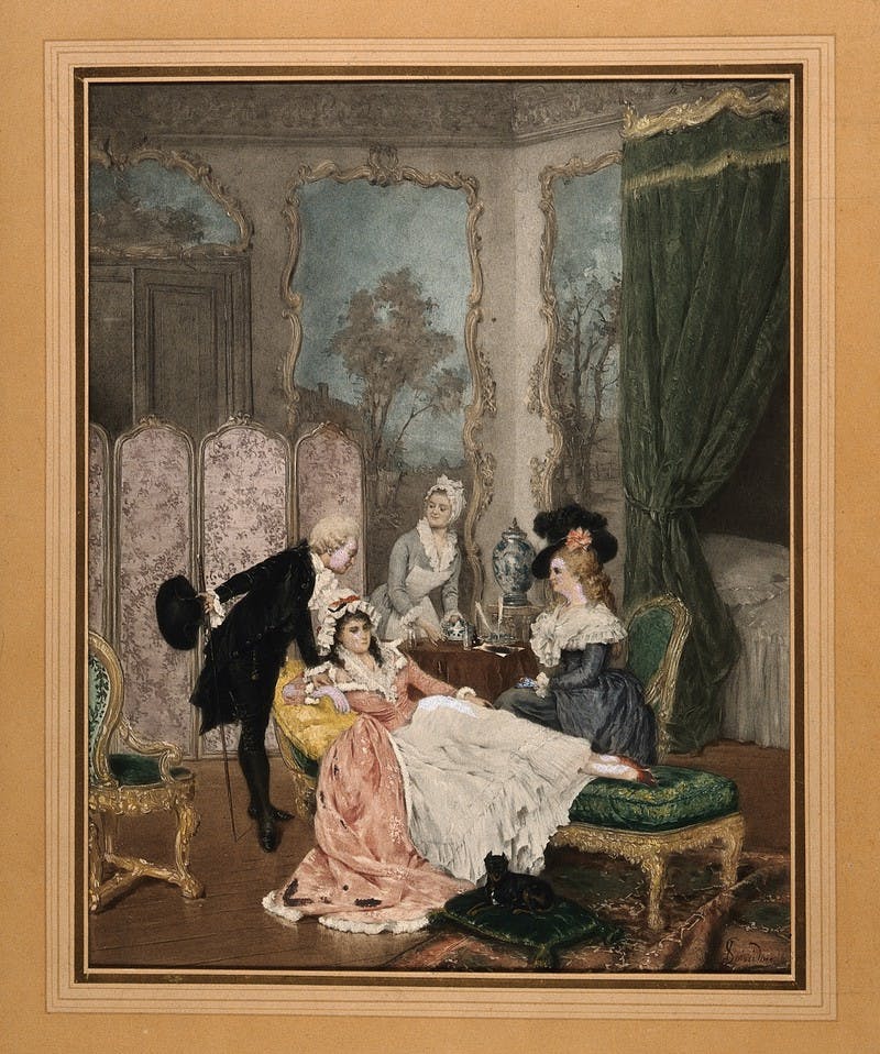  A young woman on a chaise lounge in her boudoir with a visiting couple, while her maid prepares her medicine. 