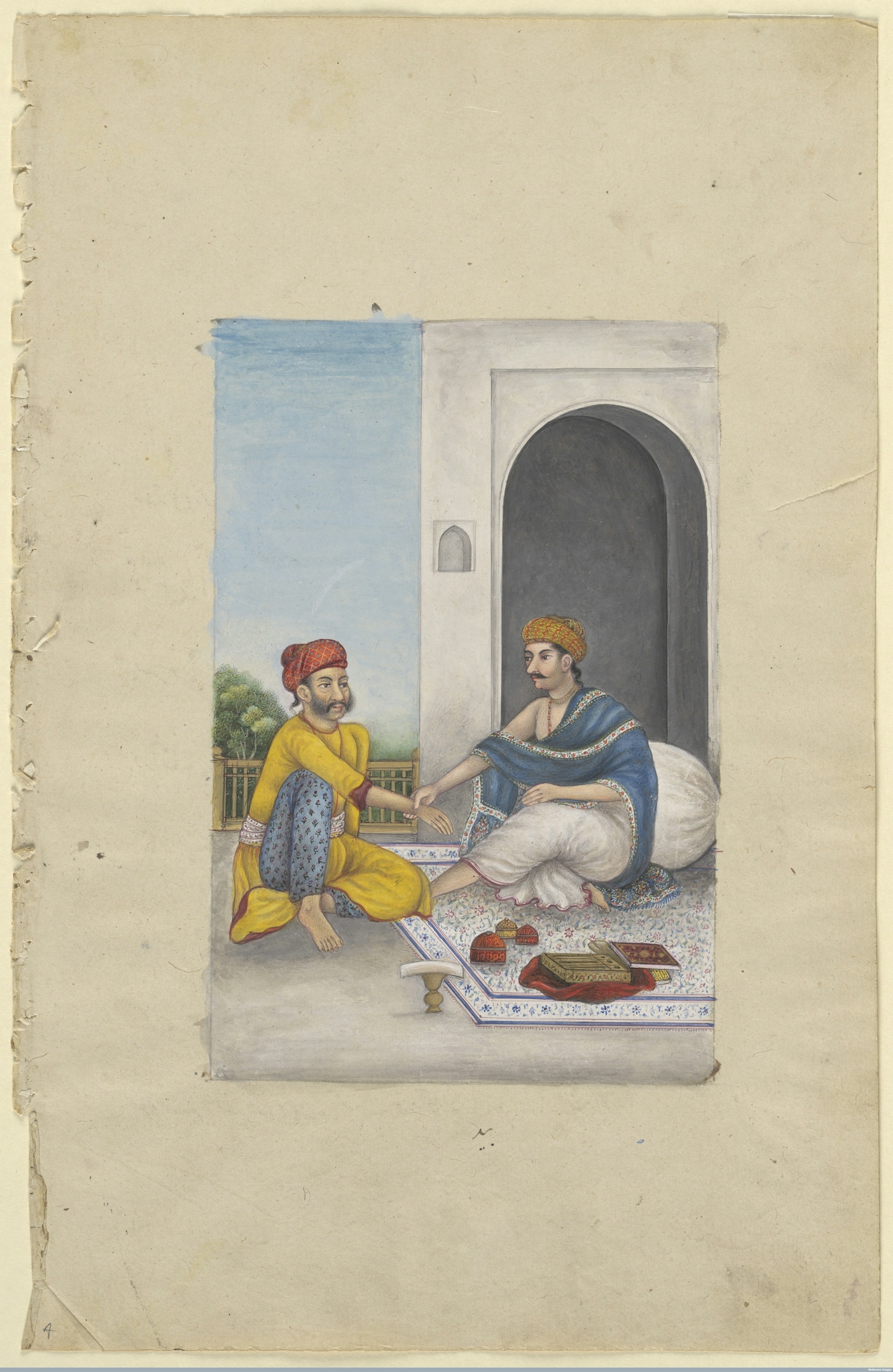 Gouache painting showing an Ayurvedic practitioner taking the pulse.
