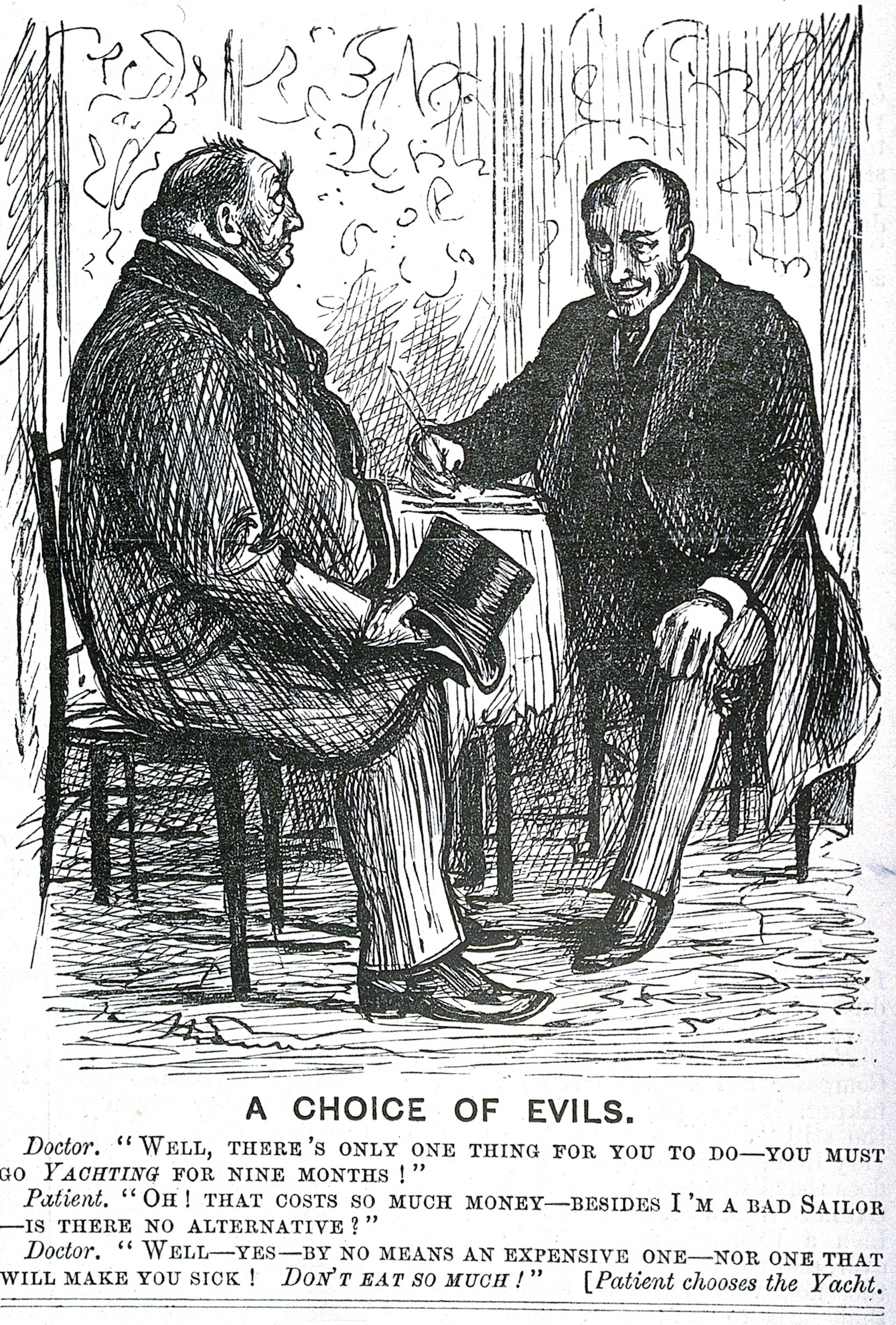 Two men seated at a table.
Bears dialogue: 'Doctor. "Well, there's only one thing for you to do - you must go yachting for nine months!" Patient. "Oh! That costs so much money - besides I'm a bad sailor - is there no alternative?" Doctor. "Well - yes - by no means an expensive one - nor one that will make you sick! Don't eat so much!" (Patient chooses the yacht.)'