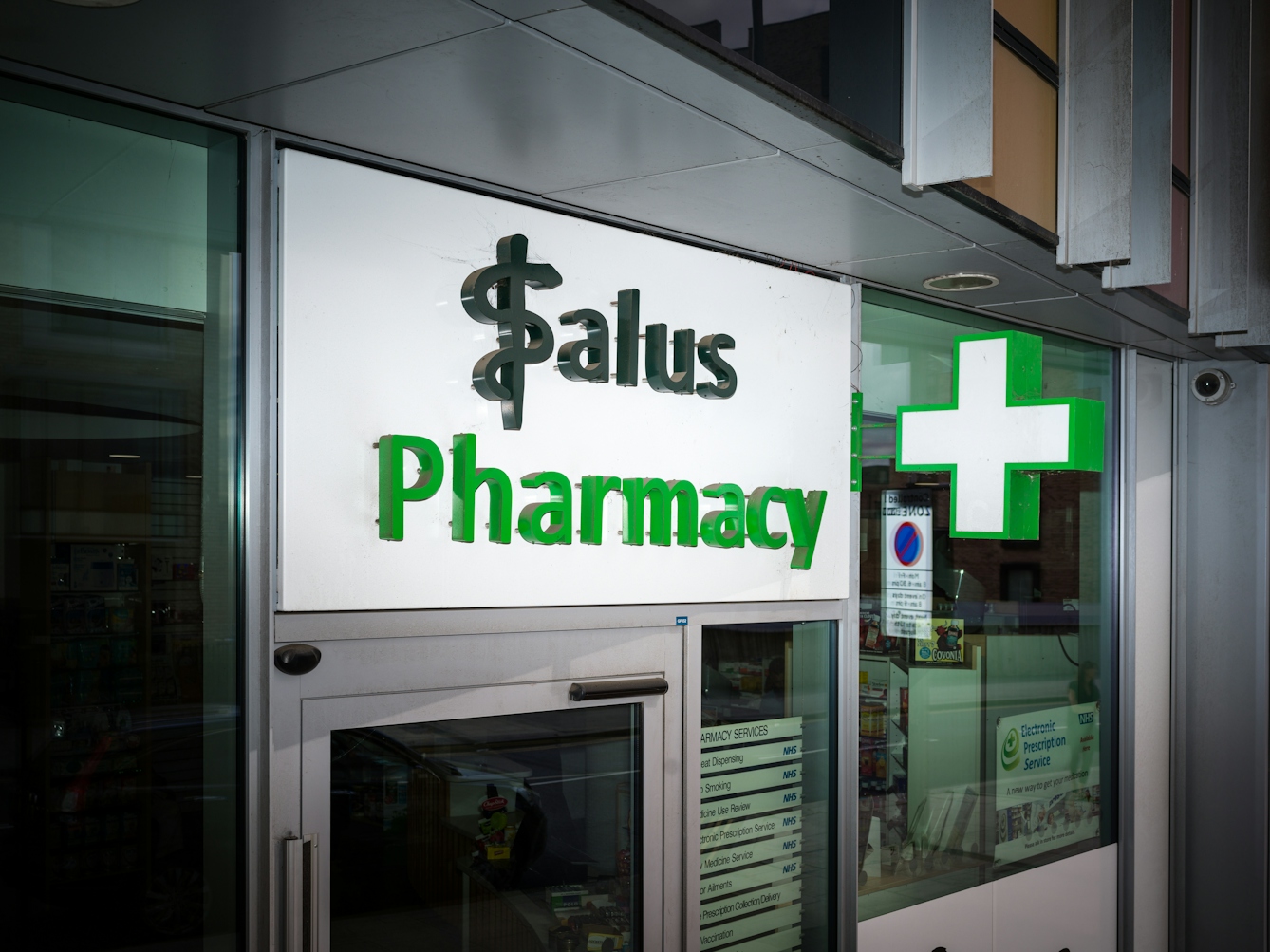 Shop front for the Salus pharmacy, London