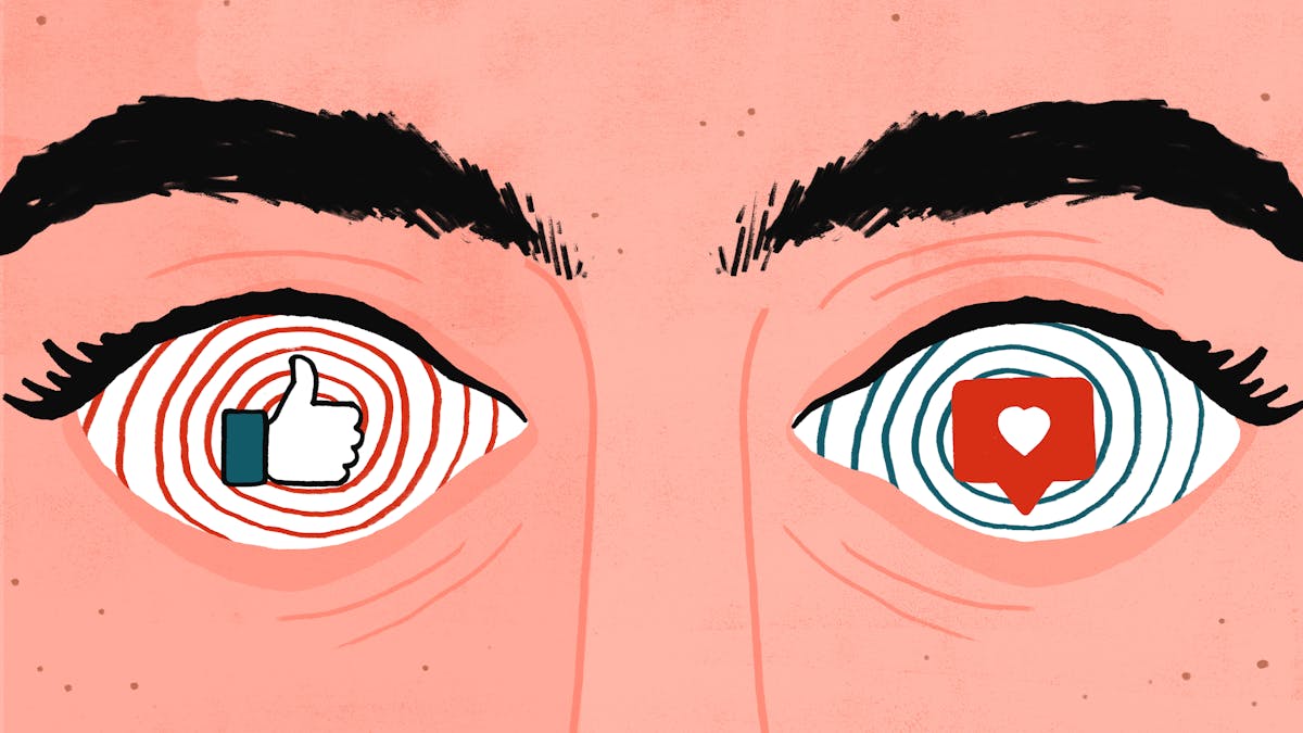 A person's eyes have been replaced with hypnotic spirals containing facebook and instagram 'likes'.