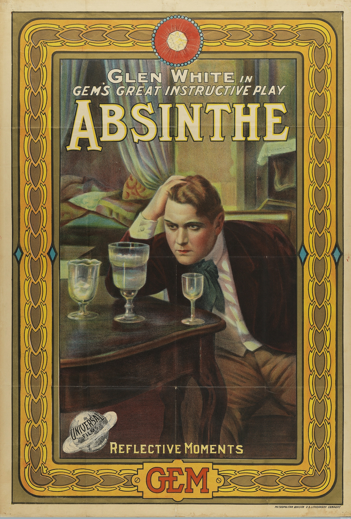 A man sits glumly looking at several glasses of absinthe.