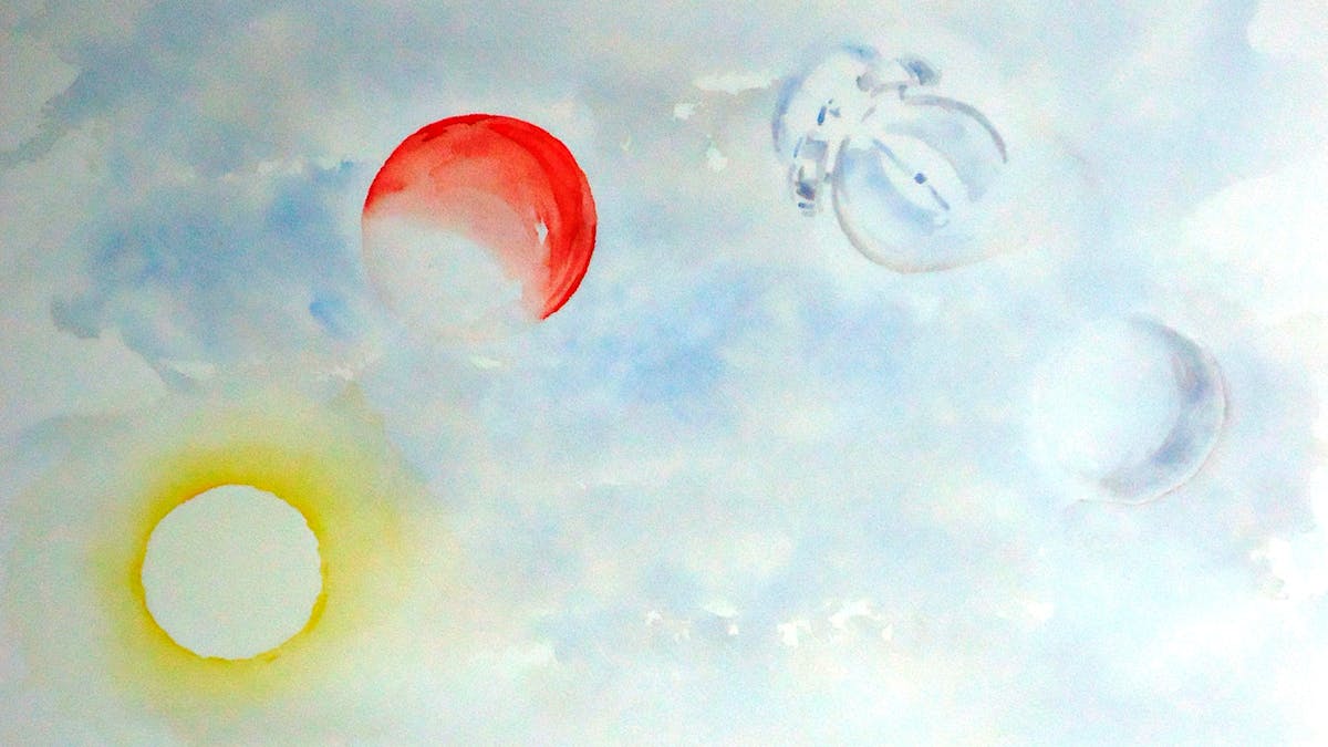 An illustration of red, yellow and clear balls or bubbles against a cloudy blue background.