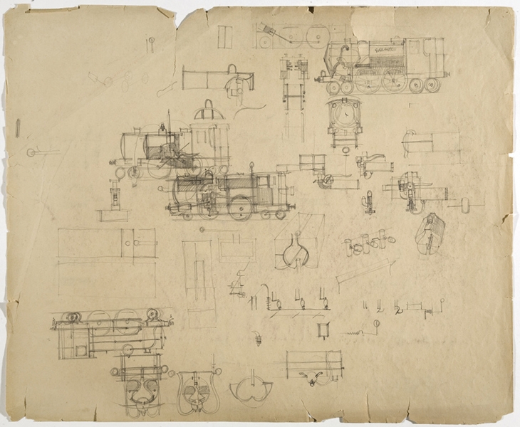 Sketches of engines and locomotives on paper by Ron Hampshire
