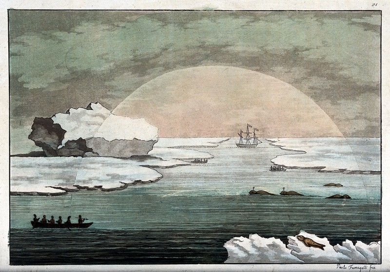 Image of ice and sea with a ship sailing away and a semi-circular going through the centre of the image which is lighter than the rest.