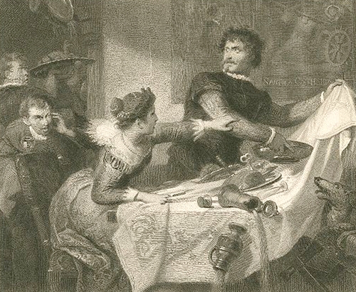 Petruchio throwing the muttton in 'The Taming of the Shrew' while Kate tries to calm him and the servants cower in fear.