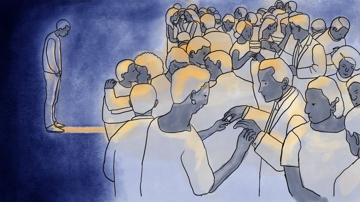 Illustration of a person standing isolated to the left facing towards a crowd of people interacting on the right.