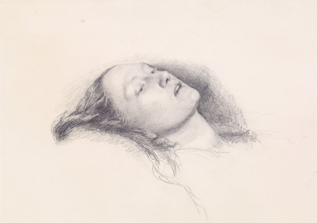 Pencil drawing of a woman’s head, reclining on a pillow.