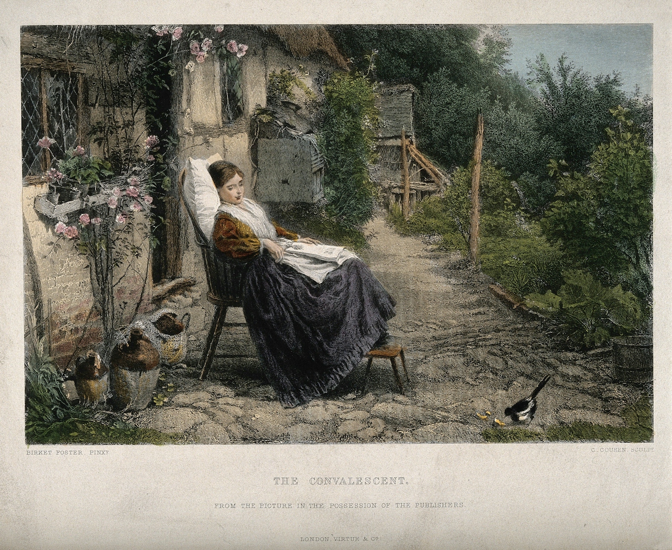 Colour painting of a sick woman sitting outside a pretty cottage, with a pillow supporting her head and a stool supporting her feet.