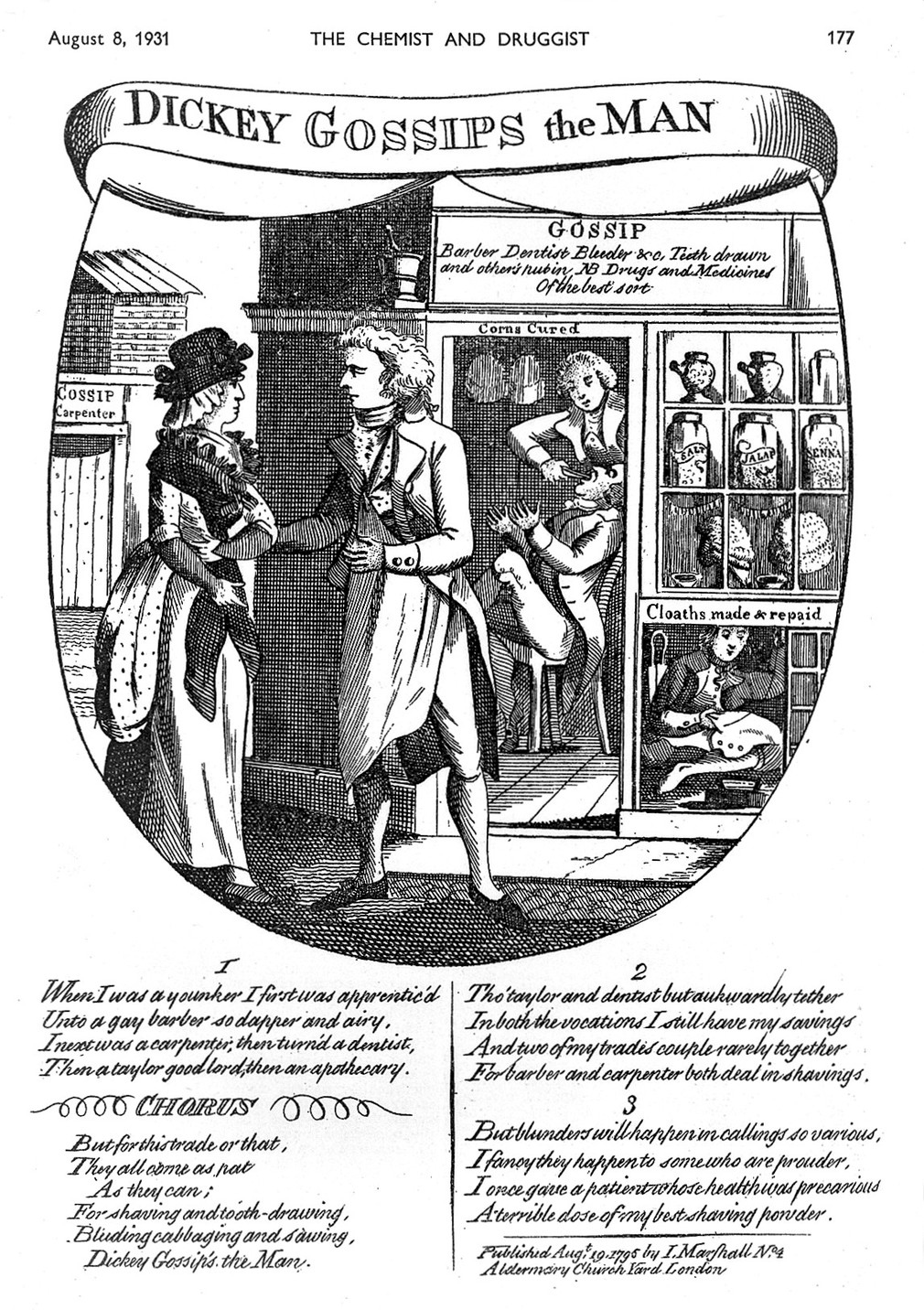 The image is an excerpt from a publication called 'The Alchemist and Druggist'. The main image is an etching of the facade of shop which is a bleeder, apothecary, tooth drawer and barber. Through the door of the shop you can see a man having his tooth pulled by a dentist and the windows are full of jars. A woman and a man talk outside the shop. The banner above reads 'Dickey Gossips the man'