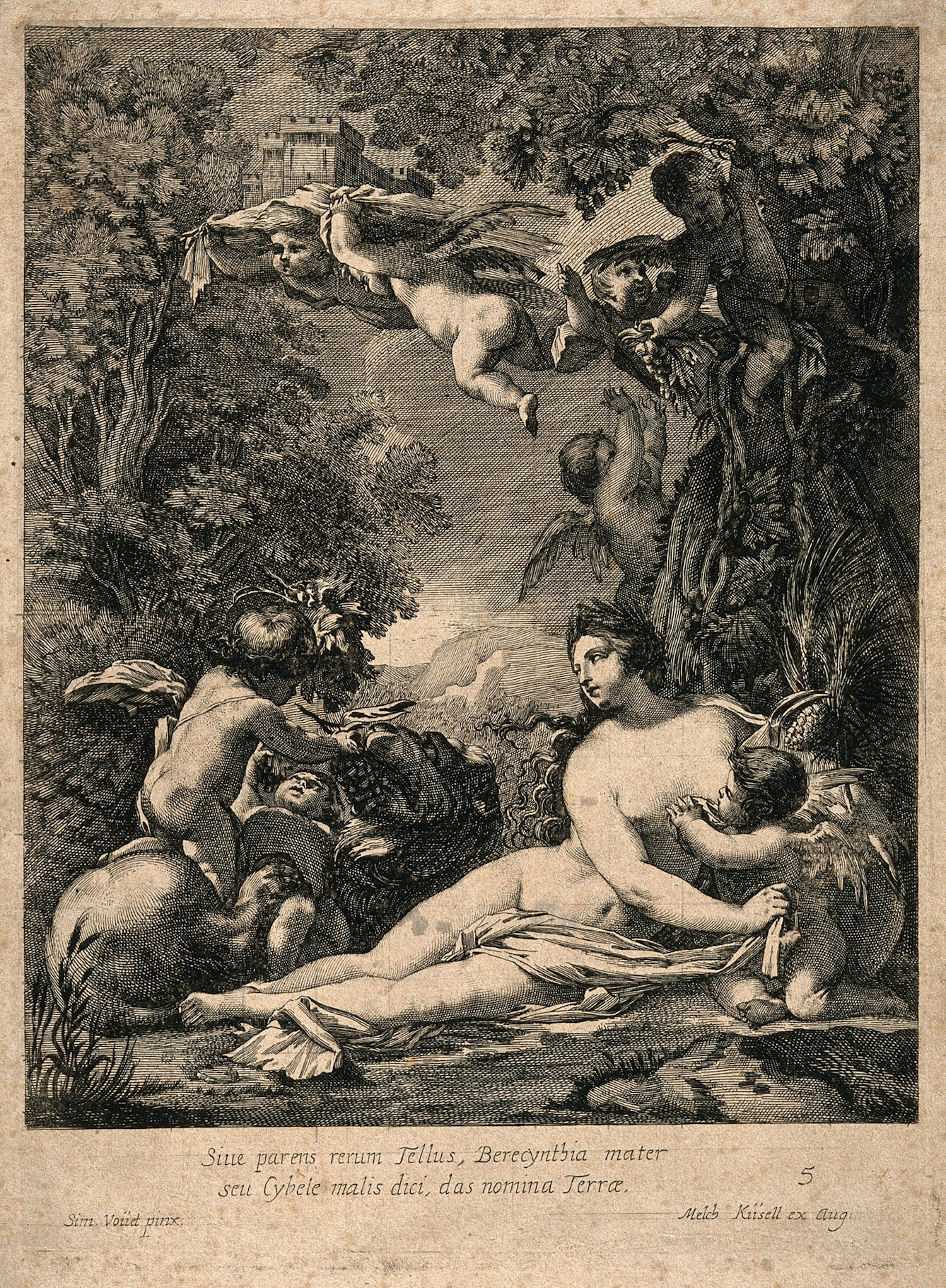 Black and white engraving showing a naked woman surrounded by putto playing beside a lion and in the branches of a tree. One putto flies above with a model of a castle on its shoulders.