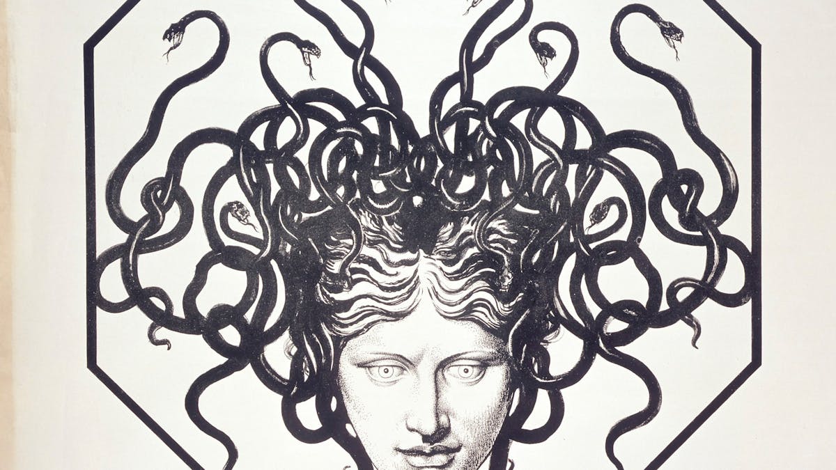 Black and white illustration of a woman with snakes for hair.