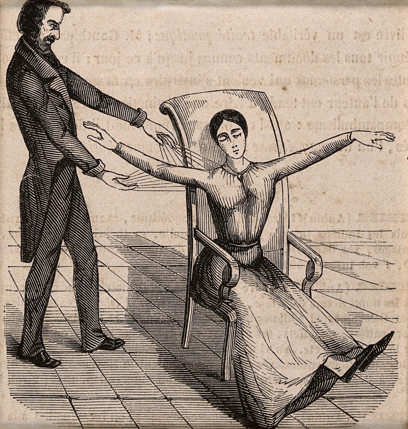 Image of a Mesmerist using Animal Magnetism on a female patient