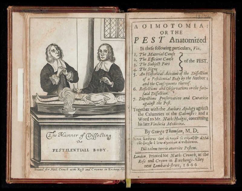 Open book with illustration on the left side of two men standing over a body in a coffin.