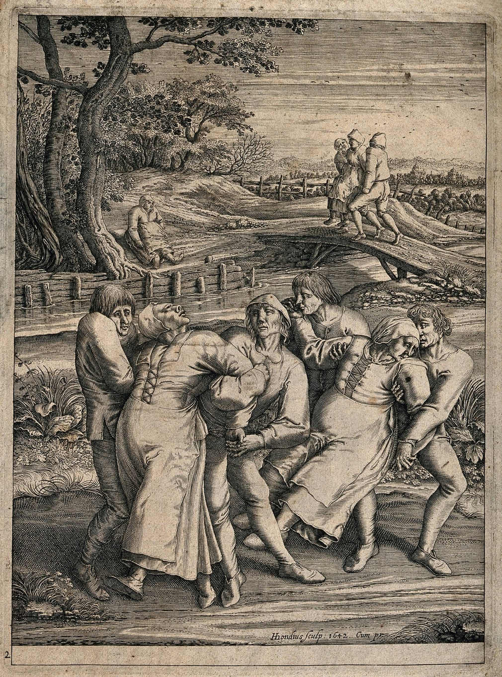 Engraving of women being restrained in a rural area.