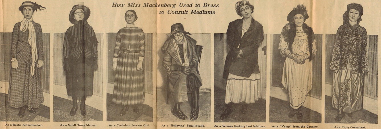Newspaper clipping featuring seven images side-by-side of a woman in different types of dress. The descriptions are: Rustic schoolteacher, Small Town Matron, credulous servant girl, 'believing' semi-invalid, a woman seeking lost relatives, a 'vamp' from the country, a tipsy consultant.