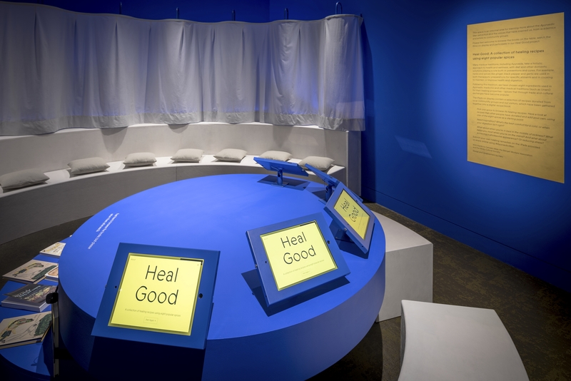 Photograph of 'Heal Good' iPad stand in 'Ayurvedic Man' exhibition. 'Heal Good' was a community project which encouraged participants to contribute recipes that made them feel good to a virtual recipe book.