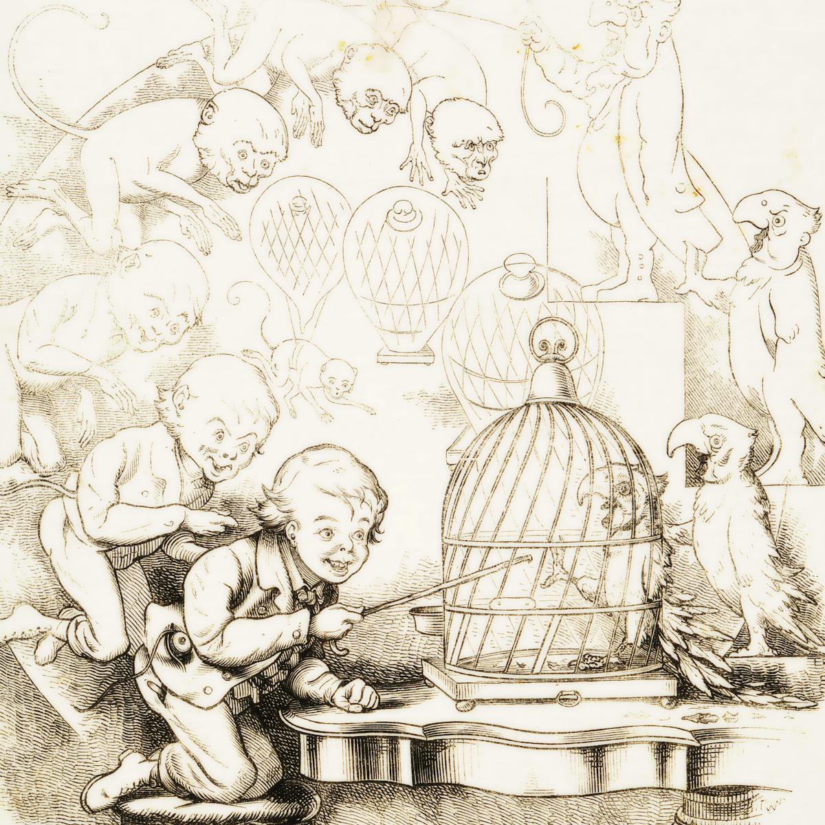 Engraving on cream paper of a monkey (top centre) transforming in phases going anticlockwise around the page into a boy who is depicted at the bottom of the image poking a stick into a parrot cage.