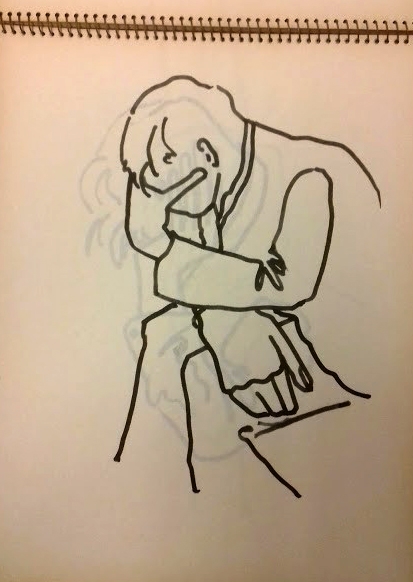 Sketch of a man sitting with his head in his hand by Edward Adamson.