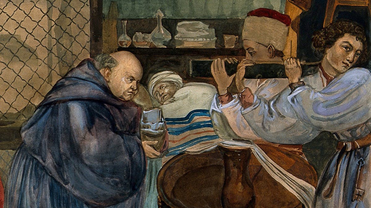 15th century fresco showing a monk taking the confession of a dying man.