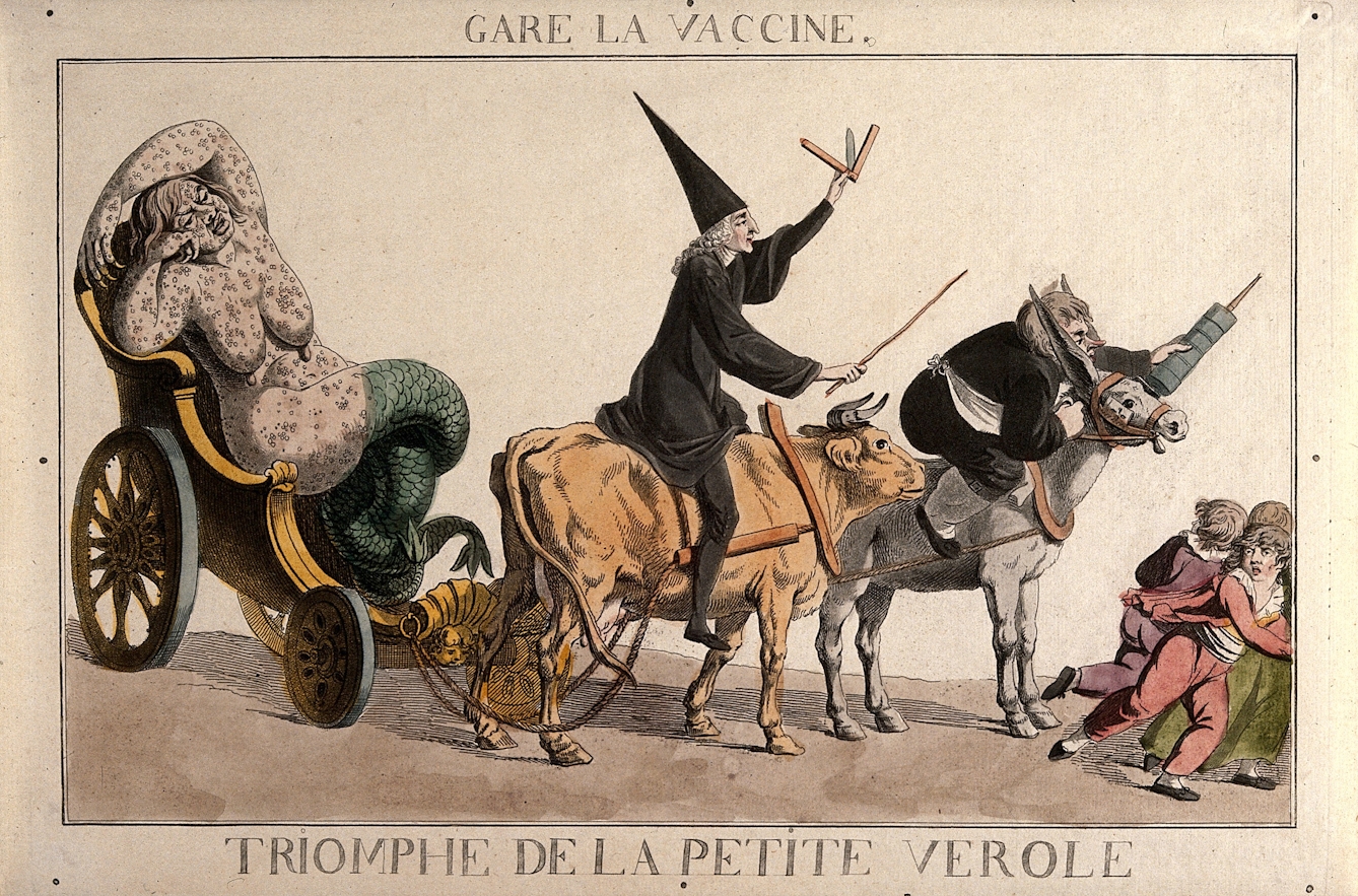 A diseased woman turning into a mermaid, a physician riding a cow   and an apothecary wielding a syringe form a grotesque procession that scares children.