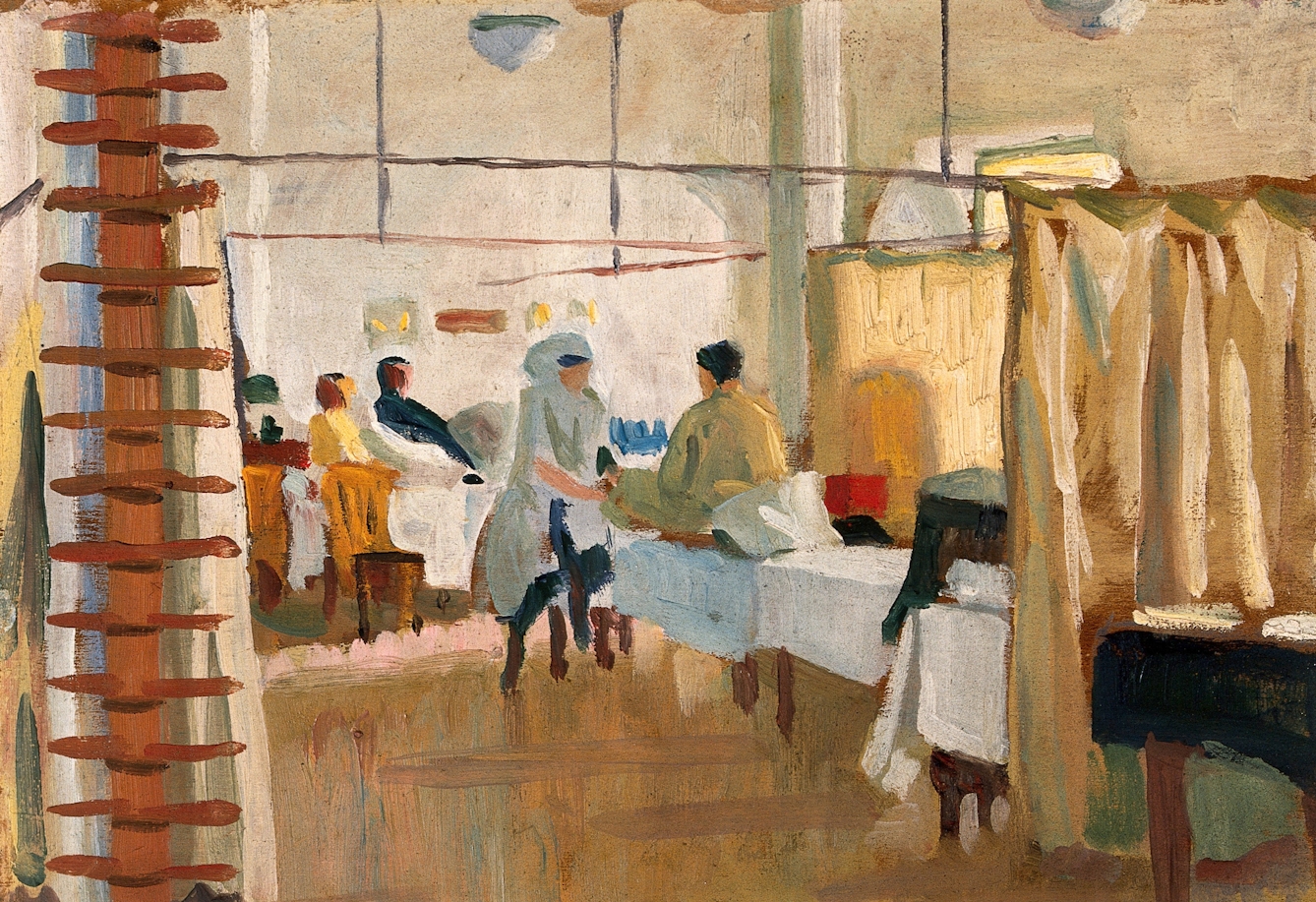 Oil painting depicting a warm scene in the massage room of a military hospital where a man sitting on a bed in his pyjamas is receiving a foot massage from a nurse.