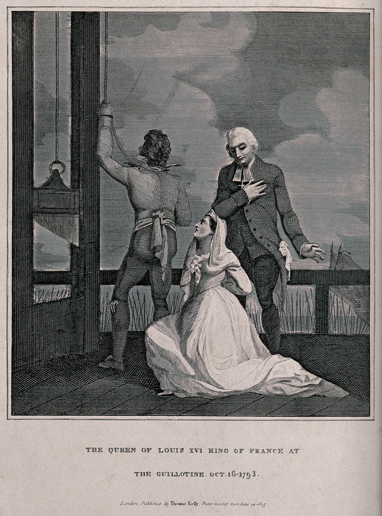 Marie Antoinette, Queen of France, kneeling before the guillotine next to her confessor on the day of her execution, 16 October 1793 