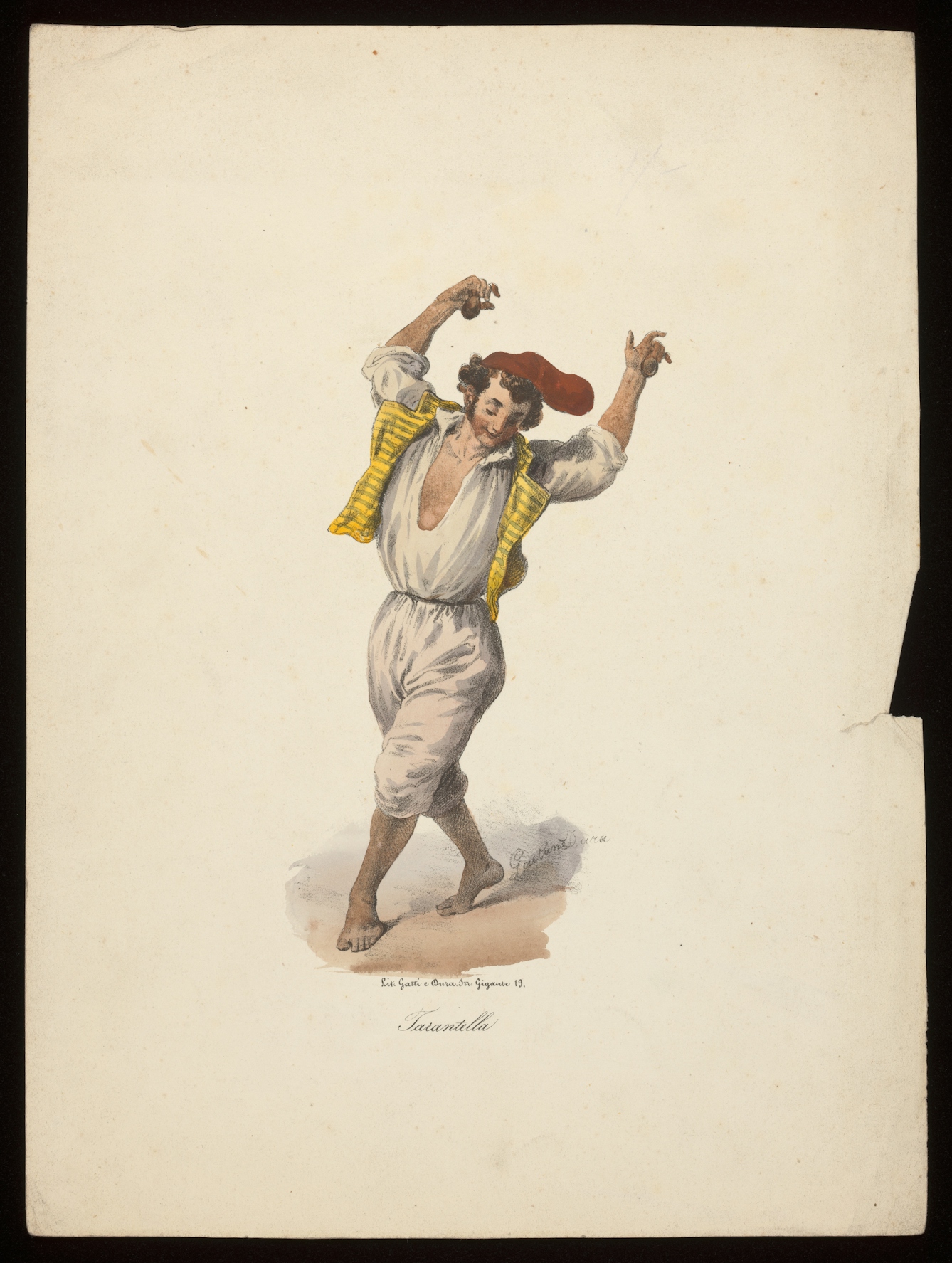 Coloured ink drawing of a young man with his hands in the air