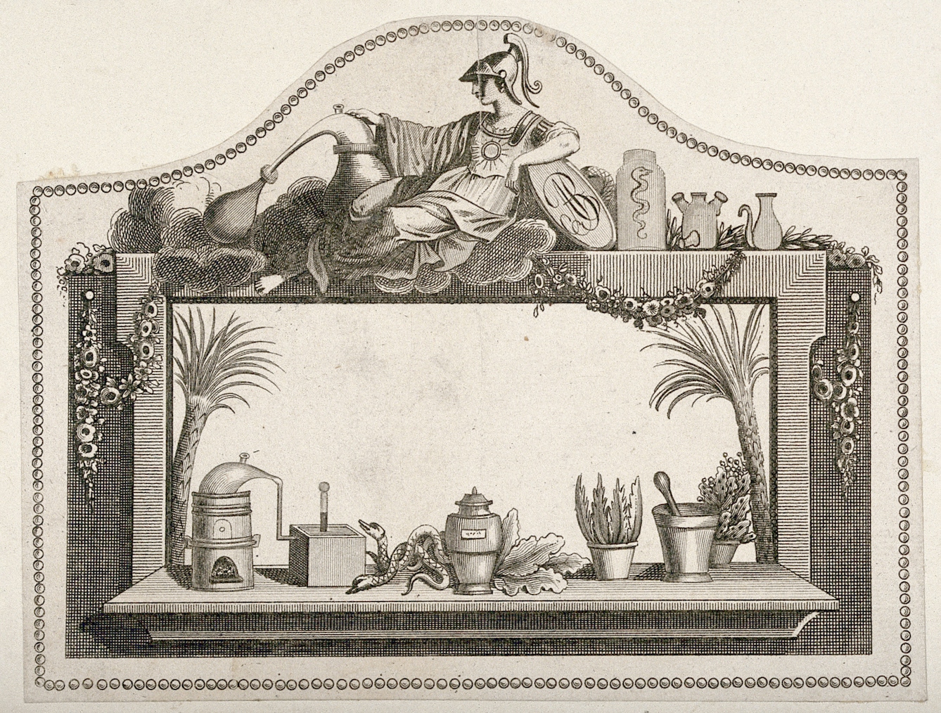 Pharmacy label featuring pharmaceutical paraphernalia and Britannia