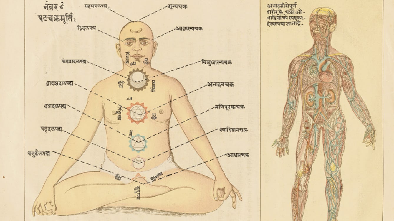 An Ayurvedic diagram describing the different chakras in the human body